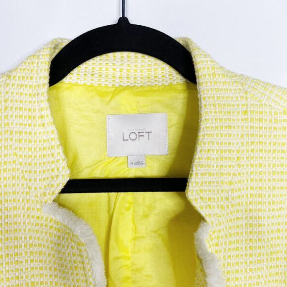 LOFT Medium M Yellow White Tweed Open Front Blazer Jacket Cotton Work Office - Picture 5 of 9